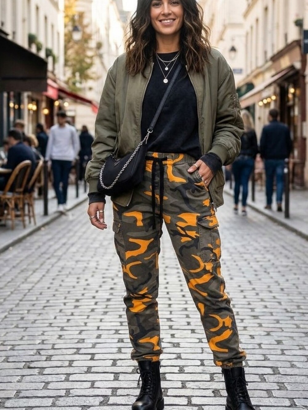 Revamped CAMO💚Women's Yellow and Brown Cargo Jeans with Draw Strings Size S